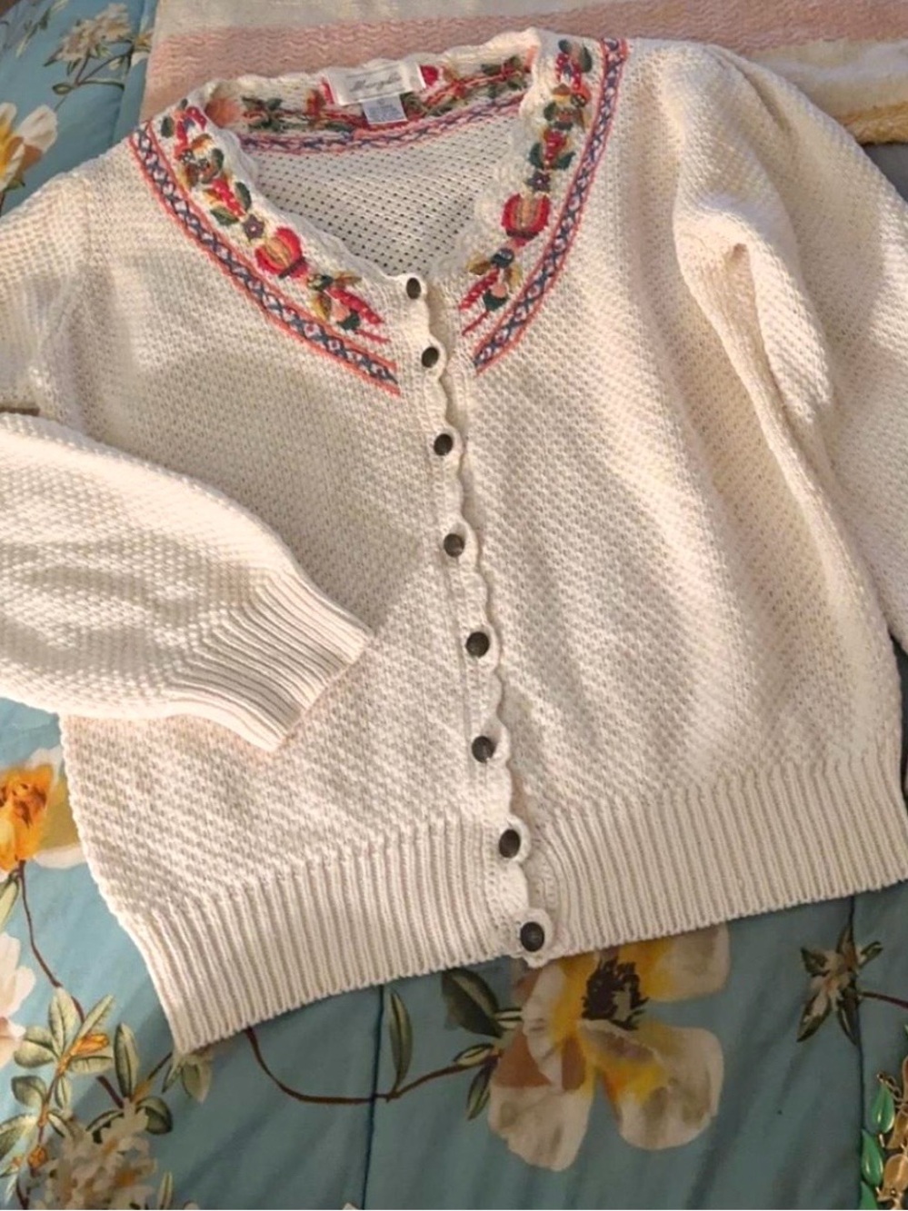 Vintage Cream Knit Button-Front Sweater with Floral Embroidered V-Neck